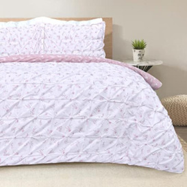 Sleepdown Printed Rouched Pleat Ditsy Leaves Blush Pink White Reversible Duvet Cover Quilt and Pillow Cases Bedding Set - Super King (260cm x 220cm), (5056242892304)