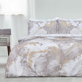 Sleepdown Metallic Marble Sparkle Glitz Natural Gold Reversible Soft Easy Care Duvet Cover Quilt Bedding Set with Pillowcase - Single (135cm x 200cm)