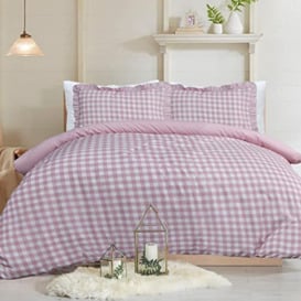 Sleepdown Gingham Check Blush Pink Plain Reverse Soft Easy Care Duvet Cover Quilt Bedding Set With Ruffle Edge Pillowcase - Single (135cm x 200cm)