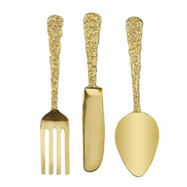 "Deco 79 Aluminum Metal Utensils Home Wall Decor Knife, Spoon and Fork Wall Sculpture, Set of 3 Wall Art 6"" W, 23"" H, Gold"