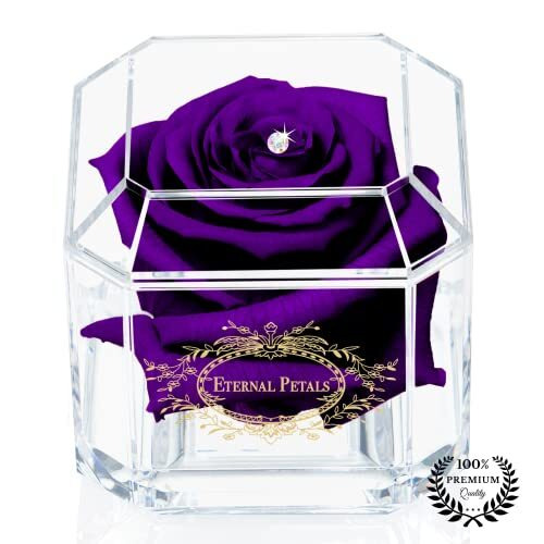 A 100% Real Rose That Lasts Years - Eternal Petals, Handmade in UK – Gold Solo with A Multicolour Swarovski Crystal (Purple)