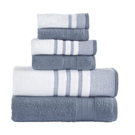 Modern Threads 6 Piece Set, 2 Bath Towels, 2 Hand Towels, 2 Washcloths, Quick Dry White/Contrast Reinhart Denim