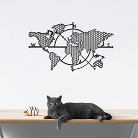XL Metal World Map Compass, Wall Decoration, Metal Wall Decor, Art Work, World Map Wall Art, Metal Art, Gift, Indoor, Outdoor, Black Color, Dimension (99 x 57 cm)