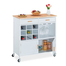 Relaxdays Kitchen Trolley, HxWxD: 88.5 x 86 x 41 cm, Worktop, Wine Rack, Glass Holder, Wheeled Culinary Cabinet, White, Engineered Wood