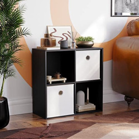 Vida Designs Durham Cube Bookcase Storage Organiser Living Room Bookshelf Home Office Furniture (4 Cube & 2 White Baskets, Black)