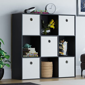 Vida Designs Durham Cube Bookcase Storage Organiser Living Room Bookshelf Home Office Furniture (9 Cube & 5 White Baskets, Black)