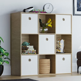 Vida Designs Durham Cube Bookcase Storage Organiser Living Room Bookshelf Home Office Furniture (9 Cube & 5 White Baskets, Oak)