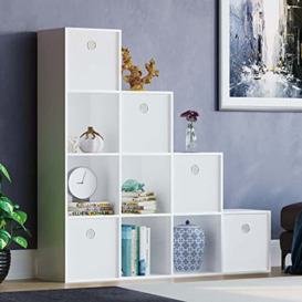 Vida Designs Durham Staircase Bookcase Shelves Storage Organiser Living Room Furniture (10 Cube & 5 White Baskets, White)