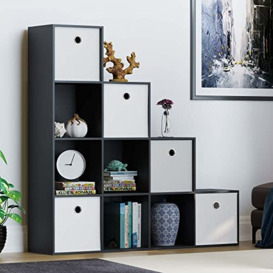 Vida Designs Durham Staircase Bookcase Shelves Storage Organiser Living Room Furniture (10 Cube & 5 White Baskets, Black)