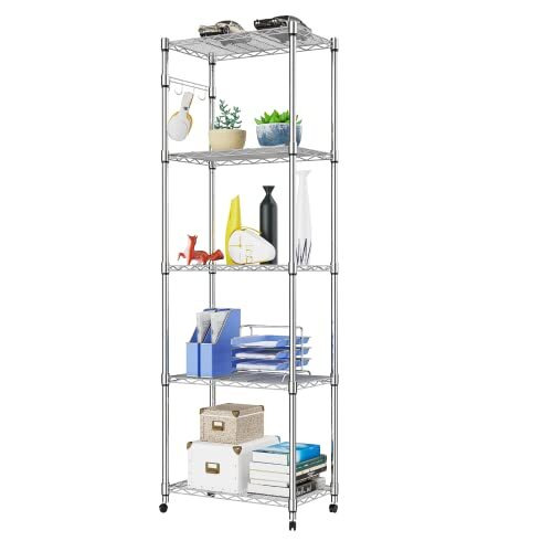 BATHWA 5-Tier Wire Shelving Unit on Wheels, Heavy Duty Rolling Shelving Rack, Chrome Shelves for Bathroom, Kitchen, Living Room