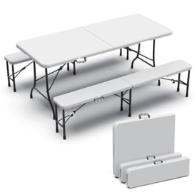VOUNOT Folding Table Bench Set Trestle Portable Party Picnic BBQ Camping Set With Metal Frame Indoor Outdoor Garden, White