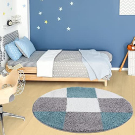 THE RUGS Area Rug – Modern Luxury Shaggy Rug, Multicolour Pattern Carpet, Ultra Soft for Bedroom, Living Room, Kids Room, (120 cm Round, Duckegg Blue)