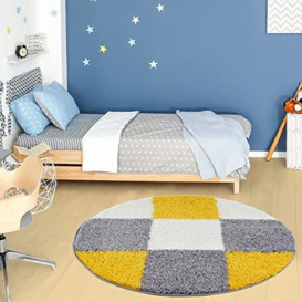 THE RUGS Area Rug – Modern Luxury Shaggy Rug, Multicolour Pattern Carpet, Ultra Soft for Bedroom, Living Room, Kids Room, (120 cm Round, Yellow)