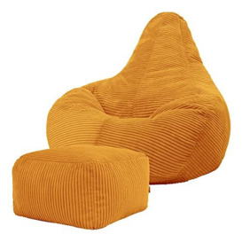 icon Dalton Cord Recliner Bean Bag Chair and Footstool, Ochre Yellow, Large Lounge Chair Gaming Bean Bags for Adult with Filling Included, Jumbo Cord Adults Beanbag, Boho Decor Living Room Furniture