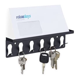 Relaxdays Key Rack with 6 Hooks and Shelves, Modern Design, 7 x 24.5 x 5 cm, Steel, Black, 100%, 7x24,5x5 cm