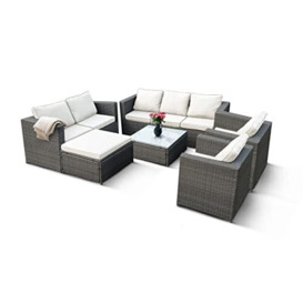 KEPLIN 8 Seater Rattan Garden Furniture Set with Glass Coffee Table, Stool & Water Resistant Cushions Ideal for Patio, Lawn, Garden, Balcony, Conservatory & Dining in the Sun (Grey)