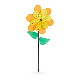 Relaxdays Pinwheel Flower, Ornaments for the Garden & Balcony, HWD 84 x 36 x 11 cm, Wind Spinner for Kids, Orange/Yellow