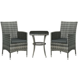Outsunny Outdoor Rattan Bistro Set with Cushions, 3 Piece Garden Furniture Set, Patio Balcony Table and Chairs Set with Glass Top Coffee Table, Mixed Grey