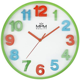 MPM Colourful Children's Plastic Wall Clock, Green/White, Large Colourful 3D Numbers for Undisturbed Play, Quartz Movement, Especially Suitable for Children's Room, Nursery, School