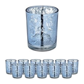 Relaxdays Tealight Holders, Set of 12, Floral Pattern, Votive Candle Glasses, H x Diam.: 8.5 x 7 cm, Mirrored, Silver