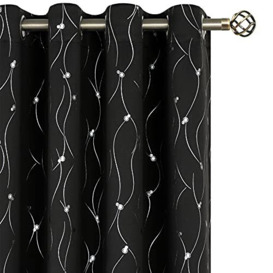 BGment Blackout curtains for Bedroom 2 Panels with Silver Wave Line and Dots Pattern, Thermal Insulated Room Darkening Eyelet Curtains, Black, 46 x 90 Inches