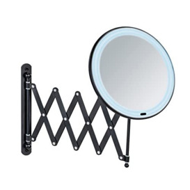 WENKO Barona LED telescopic wall make-up mirror, extendable cosmetic mirror with LED lighting and 5-fold magnification, on/off switch via touch function, operated with batteries or USB cable, black
