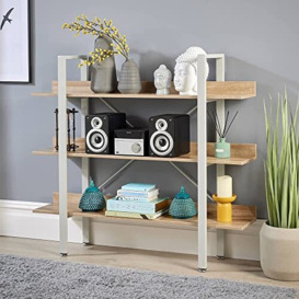 Home Source Urban Style 3 Tier Wide Bookcase Display Rack Ladder Storage Grey Metal Frame, Oak Finish