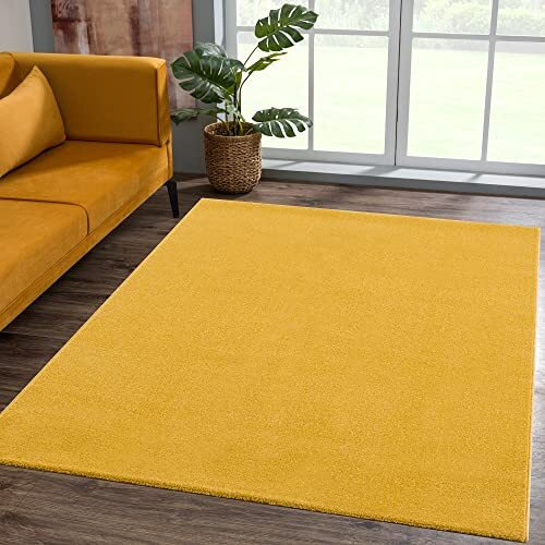 SANAT Short Pile Living Room Rug - Plain Modern Rugs for Bedroom, Study, Office, Hallway, Children's Room and Kitchen - Yellow, 60 x 110 cm