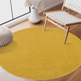 SANAT Short Pile Living Room Rug - Plain Modern Rugs for Bedroom, Study, Office, Hallway, Children's Room and Kitchen - Yellow, 150 cm Round