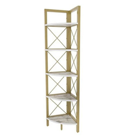 DECOROTIKA Remo Modern 160 cm Corner Unit Bookshelf Bookcase - Decorative Corner Shelving Unit - Colour Options (White Marble Effect/Gold Colour)