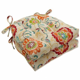 "Pillow Perfect Bright Floral Indoor/Outdoor Chairpad with Ties, Tufted, Weather, and Fade Resistant, 17"" x 17.5"", Tan Fanfare, 2 Count"
