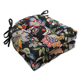 "Pillow Perfect Floral Indoor/Outdoor Chairpad with Ties, Reversible, Tufted, Weather, and Fade Resistant, 15.5"" x 16"", Black Telfair, 2 Count"