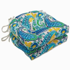 "Pillow Perfect Paisley Indoor/Outdoor Chairpad with Ties, Reversible, Tufted, Weather, and Fade Resistant, 15.5"" x 16"", Blue/Green Amalia, 2 Count"