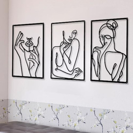CHENGU 3 Pieces Metal Minimalist Abstract Woman Wall Art Line Drawing Wall Art Decor Single Line Female Home Hanging Wall Art Decor for Kitchen Bathroom Living Room (Black, Hand)