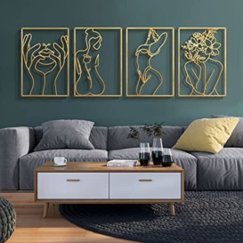 Glamativity 4 Pack Gold Wall Art Décor, Minimalist Décor Single Line Art Wall Décor, Real Metal Wall Art, Woman's Body Shape Abstract Wall Art (Gold Classic Style, M Size 17 x 11.8'')