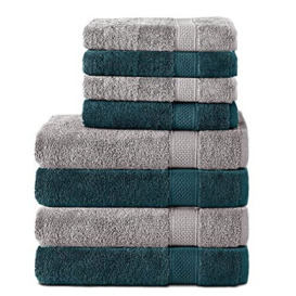 Komfortec Set of 8 Hand Towels 100% Cotton, 4 Bath Towels 70 x 140 cm and 4 Hand Towels 50 x 100 cm, Terry Clothing, Soft, Large, Silver/Petrol
