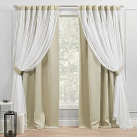 Exclusive Home Catarina HT Layered Solid Room Darkening Blackout and Sheer Hidden Tab/Rod Pocket Top Curtain Panel Pair, 52X96, Sand