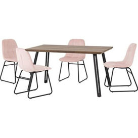 Seconique Quebec Dining Table Set with 4 Lukas Dining Chairs in Medium Oak Effect/Baby Pink Velvet