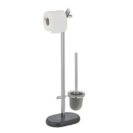 WENKO Puro free-standing toilet brush set, toilet paper and toilet brush holder on heavy base plate made of polyresin in granite look, toilet brush with flexible cover, 29 x 72 x 15.5 cm, anthracite