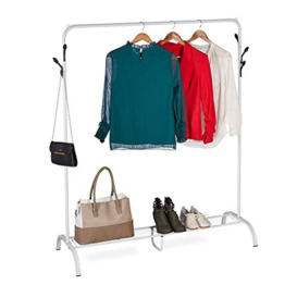 Relaxdays Coat Rack Metal, Shoe & Bag Shelf, 6 Hooks, Clothes Rail Bedroom, HWD: 145 x 132 x 44 cm, Free Standing, White
