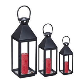 Relaxdays Lanterns Set of 3, Decorative Candle Holders for Outdoors & Indoors, 3 Sizes, Metal and Glass, Black, Iron, 67 x 18 x 18.5