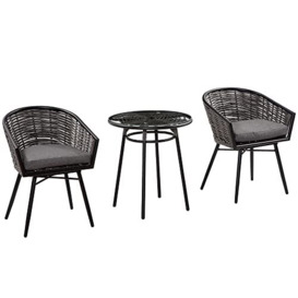 Outsunny 3 Pieces Outdoor Rattan Bistro Set, Patio Wicker Round Balcony Furniture, w/ 2 Chairs & 1 Coffee Table Conversation Furniture Sets, for Garden, Backyard, Deck, Grey