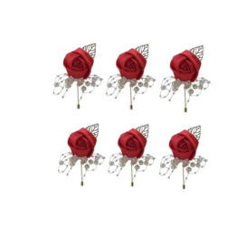 "6 Pack Flower Boutonniere Set,Bride Bridegroom Groomsmen Corsage Flower, 2"" Artificial Rose and White Beads Handmade Silk Flower for Wedding Homecoming Prom Suit Decor (Red)"