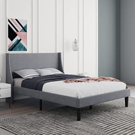 Merax Double Bed Frame 4FT6 Upholstered Bed with Winged Headboard, Wood Slat Support, Strong Comfortable Double Bed, Bedroom Furniture, Soft Linen Grey