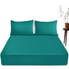 Luxury Bedding Fitted Sheet Double - Plain Dyed Deep Teal Bed Sheet - Polycotton Deep Pockets Bedsheet 16 inch (40 cm) - Machine Washable