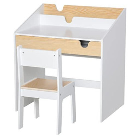 HOMCOM Kids Desk and Chair Set 2 Pieces Children Study Table with Storage Pull-Out Drawer Bookshelf for 3-6 Years Writing, Reading, Drawing
