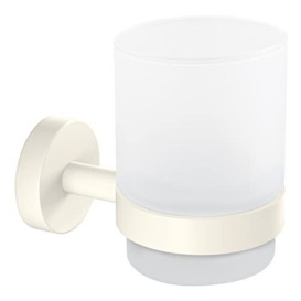 tesa MOON WHITE Toothbrush Tumbler made of satin glass with holder, matt white - for bathrooms in industrial style and modern bathrooms - drill-free, incl. adhesive solution - 96 mm x 70 mm x 109 mm