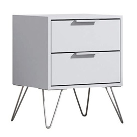FWStyle Modern Bedside Table Chest of 2 Drawers in Matt White. Silver Metal Hairpin Legs, 45 x 57 x 39.5 cm