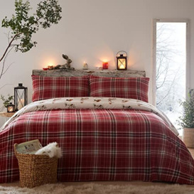 Dreams & Drapes - Red Checkered Duvet Cover Sets - Single Bedding Size (140 x 200cm) - Fox, Rabbit & Bird Duvet Cover - Burgundy Flannelette Bedding - Super Soft 100% Cotton - Woodland Bedding