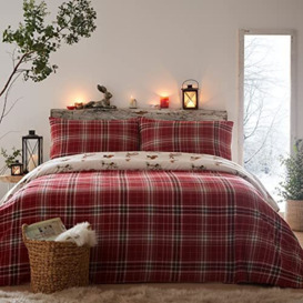 Dreams & Drapes - Red Checkered Duvet Cover Sets - Double Bedding Size (200 x 200cm) - Fox, Rabbit & Bird Duvet Cover - Burgundy Flannelette Bedding - Super Soft 100% Cotton - Woodland Bedding